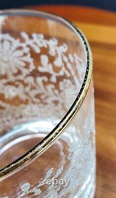 16 Vintage Libbey Floral Etched Glassware Gold Rim Hostess 6 With Box #159 12oz