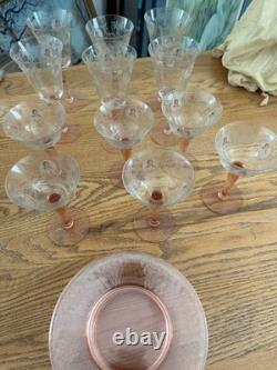 17pc Vintage Morgantown Queen Louise Pink Stemware & Fostoria Versailles Plates