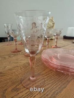 17pc Vintage Morgantown Queen Louise Pink Stemware & Fostoria Versailles Plates