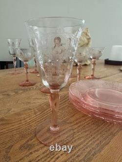 17pc Vintage Morgantown Queen Louise Pink Stemware & Fostoria Versailles Plates