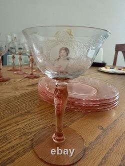 17pc Vintage Morgantown Queen Louise Pink Stemware & Fostoria Versailles Plates