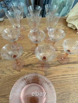 17pc Vintage Morgantown Queen Louise Pink Stemware & Fostoria Versailles Plates