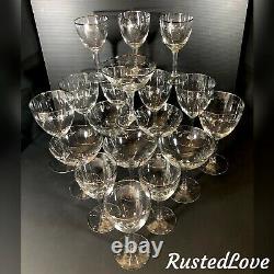 18 Vintage Crystal Platinum Rim Etched Glasses Set Champagne, Water, Wine 6 Ea