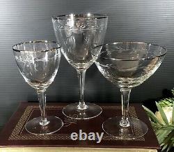 18 Vintage Crystal Platinum Rim Etched Glasses Set Champagne, Water, Wine 6 Ea