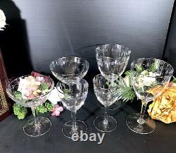 18 Vintage Crystal Platinum Rim Etched Glasses Set Champagne, Water, Wine 6 Ea