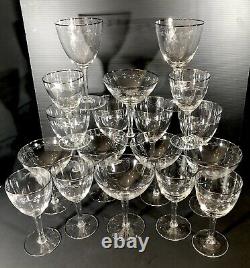 18 Vintage Crystal Platinum Rim Etched Glasses Set Champagne, Water, Wine 6 Ea