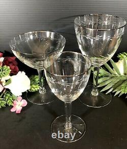 18 Vintage Crystal Platinum Rim Etched Glasses Set Champagne, Water, Wine 6 Ea