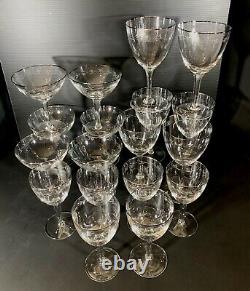 18 Vintage Crystal Platinum Rim Etched Glasses Set Champagne, Water, Wine 6 Ea