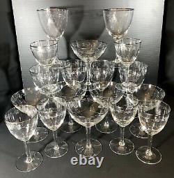 18 Vintage Crystal Platinum Rim Etched Glasses Set Champagne, Water, Wine 6 Ea