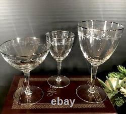 18 Vintage Crystal Platinum Rim Etched Glasses Set Champagne, Water, Wine 6 Ea