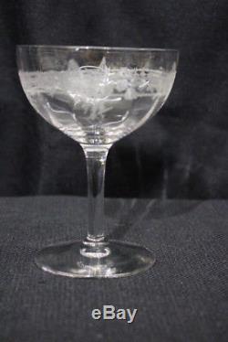 18pc Vintage Etched Glass ROSES BASKET Wine & Champagne Glasses & Dessert Plates