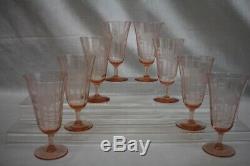1930's Set 19 Vintage Etched Rose Depression Pink Glass Tumblers + Wine Glasses