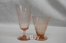 1930's Set 19 Vintage Etched Rose Depression Pink Glass Tumblers + Wine Glasses