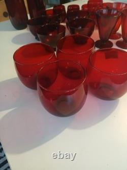1930s Anchor Hocking Royal Ruby Red Glass Set 21 Piece. Tea, Wine, Rolly Polly
