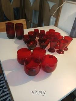 1930s Anchor Hocking Royal Ruby Red Glass Set 21 Piece. Tea, Wine, Rolly Polly