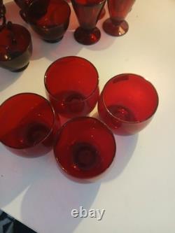 1930s Anchor Hocking Royal Ruby Red Glass Set 21 Piece. Tea, Wine, Rolly Polly