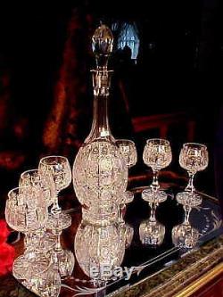 1960's CUT GLASS Crystal Footed Decanter 6 RING STEM Wine Glasses PANEL CUT WOW