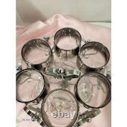 1960s Set of 6 Wine Glasses and Caddy Vintage Dorothy Thorpe-Style Silver Fade B