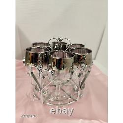 1960s Set of 6 Wine Glasses and Caddy Vintage Dorothy Thorpe-Style Silver Fade B