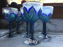 1970's Vintage Studio Art Glass 7 Wine Glasses Unsigned Lundberg Studios