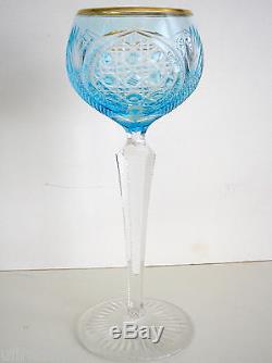 1 Vintage Val St Lambert Azure Blue Gold Rim Cased To Clear Crystal Wine Roemer