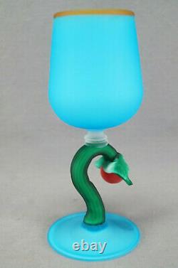 20th Century Murano Art Glass Matte Blue Cherry Stem Wine Glass