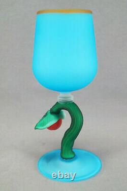 20th Century Murano Art Glass Matte Blue Cherry Stem Wine Glass