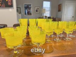 21 VTG 1960s MCM Denby Mirage Yellow Wine, Water And Goblets, 3 Sets Of 7