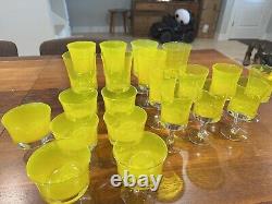 21 VTG 1960s MCM Denby Mirage Yellow Wine, Water And Goblets, 3 Sets Of 7
