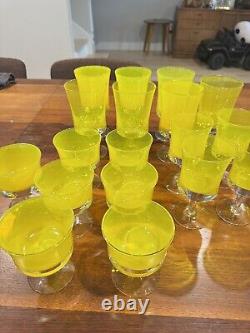 21 VTG 1960s MCM Denby Mirage Yellow Wine, Water And Goblets, 3 Sets Of 7