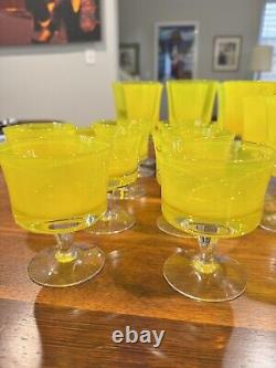 21 VTG 1960s MCM Denby Mirage Yellow Wine, Water And Goblets, 3 Sets Of 7