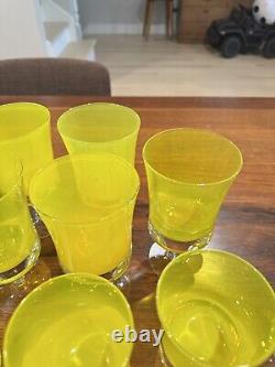 21 VTG 1960s MCM Denby Mirage Yellow Wine, Water And Goblets, 3 Sets Of 7