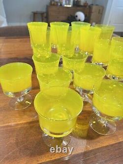 21 VTG 1960s MCM Denby Mirage Yellow Wine, Water And Goblets, 3 Sets Of 7