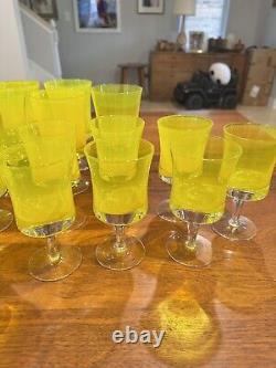 21 VTG 1960s MCM Denby Mirage Yellow Wine, Water And Goblets, 3 Sets Of 7