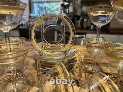 22 Lot Elegant Crystal Gold Encrusted Rim Vintage 4.5 Wine Glasses & Plates MCM