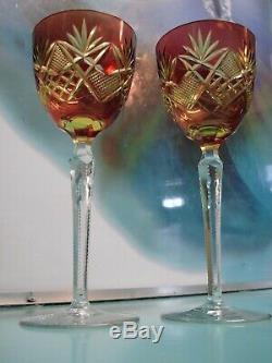 2 ANTIQUE VINTAGE Cranberry Chartreuse Bohemian cut crystal hock wine glass es