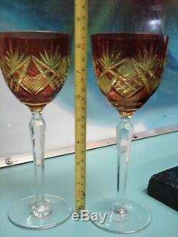 2 ANTIQUE VINTAGE Cranberry Chartreuse Bohemian cut crystal hock wine glass es