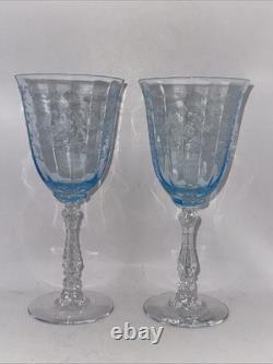 2 Fostoria Water Goblets Navarre Blue Crystal 7 5/8 Wine Glasses Etched Vintage