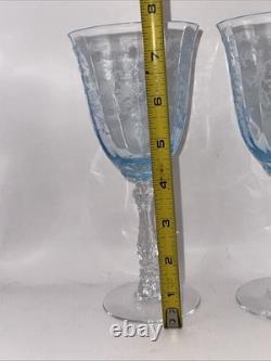 2 Fostoria Water Goblets Navarre Blue Crystal 7 5/8 Wine Glasses Etched Vintage