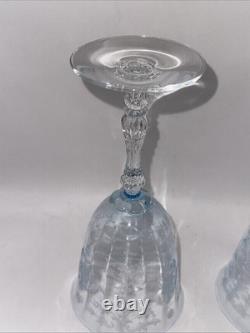 2 Fostoria Water Goblets Navarre Blue Crystal 7 5/8 Wine Glasses Etched Vintage