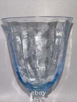 2 Fostoria Water Goblets Navarre Blue Crystal 7 5/8 Wine Glasses Etched Vintage