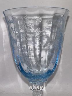 2 Fostoria Water Goblets Navarre Blue Crystal 7 5/8 Wine Glasses Etched Vintage