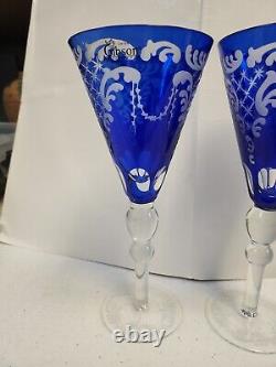 2 Gibson Cobalt Blue & Clear Etched Cut Swags 9.5 Stemmed Wine Glasses Goblets