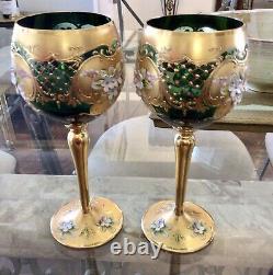 2 Italian Murano Venetian Goblet Wine Glasses Vintage Emerald Green