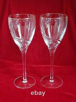 (2)Lenox Windswept Wine Glasses Vintage Cut Crystal Swirl wGold Trim1990s 8 5/8