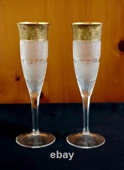 2 Moser Splendid Cut Glass 24K Gold Gilt Wine Lovers Champagne Flutes 7.75