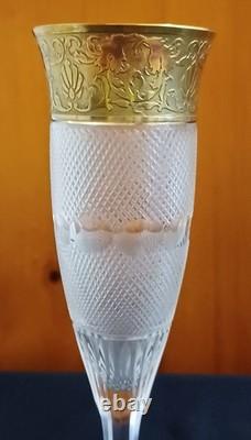 2 Moser Splendid Cut Glass 24K Gold Gilt Wine Lovers Champagne Flutes 7.75