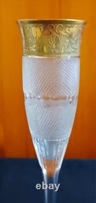 2 Moser Splendid Cut Glass 24K Gold Gilt Wine Lovers Champagne Flutes 7.75