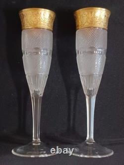 2 Moser Splendid Cut Glass 24K Gold Gilt Wine Lovers Champagne Flutes 7.75