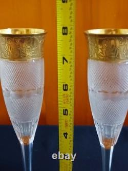 2 Moser Splendid Cut Glass 24K Gold Gilt Wine Lovers Champagne Flutes 7.75